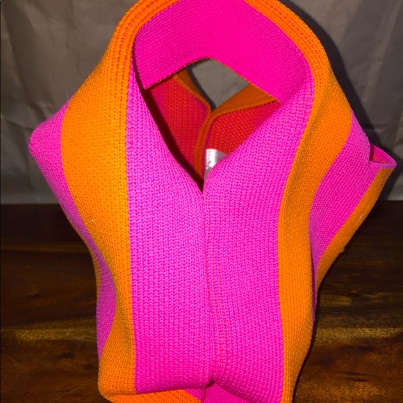 H&M Mini Striped Hobo Bag Neon Orange Pink Stretch - Picture 6 of 10